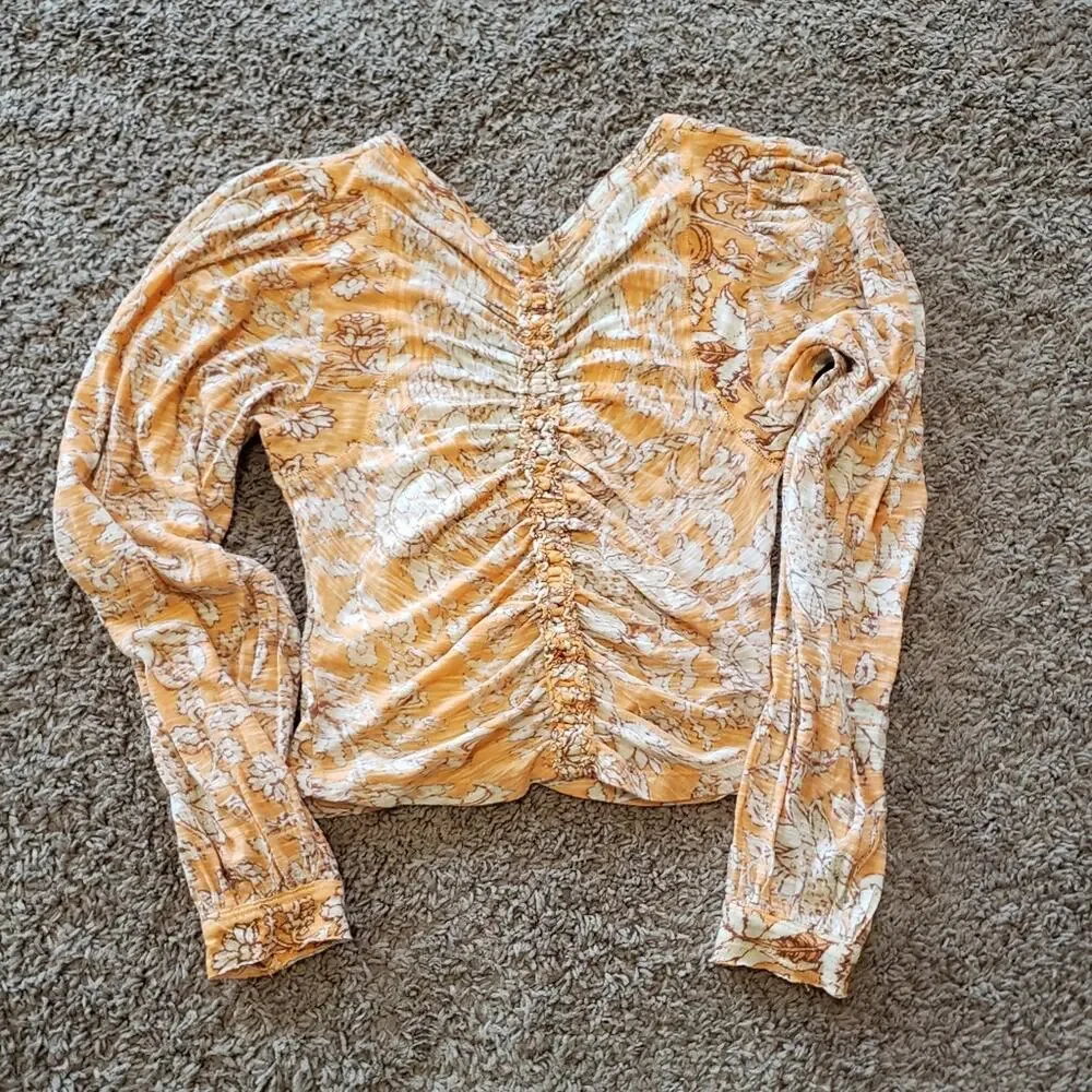 Free People say the word cropped top ruched long sleeve vneck orange XS - Picture 4 of 5